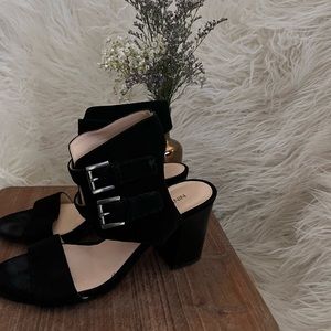 Black suede strapped sandals with block heels.  Excellent used condition.